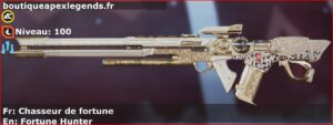Skin Légendaire Chasseur de fortune en français ou Fortune Hunter en anglais pour l'arme Fusil triple du jeu vidéo apex legends