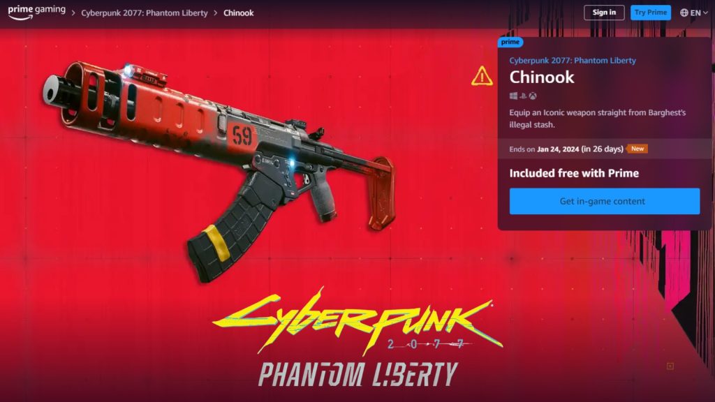 cyberpunk2077 chinook récompense prime gaming
